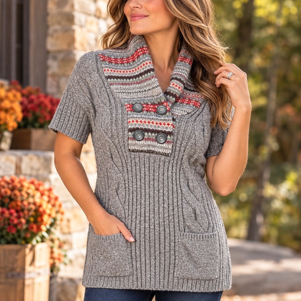 Tommy Hilfiger Fair Isle Shawl Collar Short Sleeve Sweater Tunic Lg Wool Blend